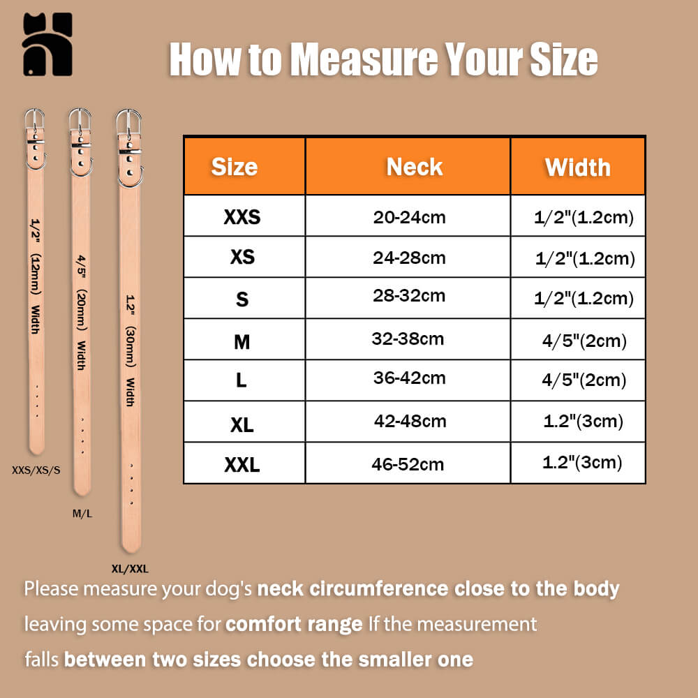 size chart 3HPET leather collar